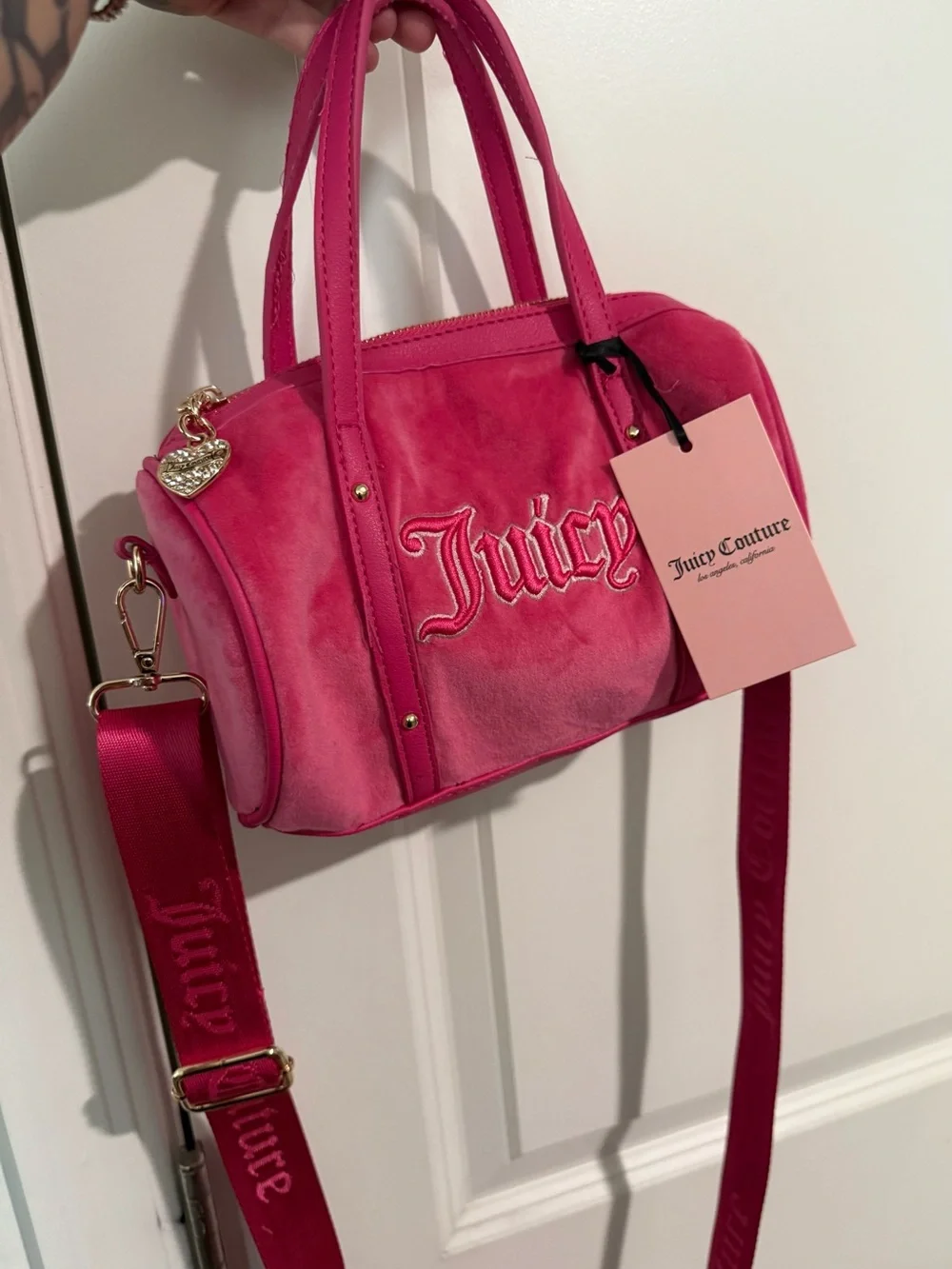 Juicy Couture Queen Of Everything Pink Velour Mini Barrel Purse Crossbody -  NWT
